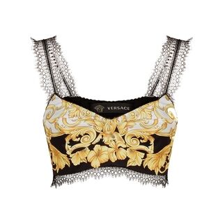 Versace Versace Gold Hibiscus-print Lace And Silk Bralette Top